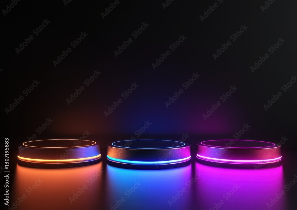 Poster triangular array of three futuristic led stage platforms with vibrant colorful lights on dark backgr