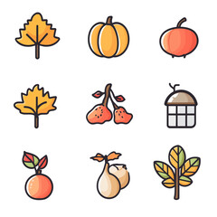 Autumn Icons: Vibrant Leaf, Pumpkin, Fruits, Fall Season Symbols Graphic