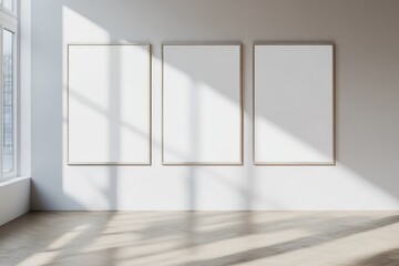 Obraz premium Three blank big mockup posters on wall. AI generated illustration.