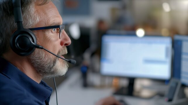 Senior man wearing headset with microphone working at computer. Focused customer support or technical specialist in office environment. Call center, IT support, or online communication concept