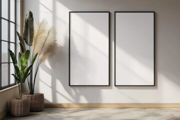 Three blank big mockup posters on wall. AI generated illustration.