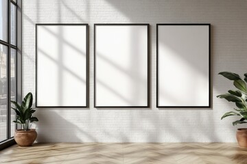 Fototapeta premium Three blank big mockup posters on wall. AI generated illustration.
