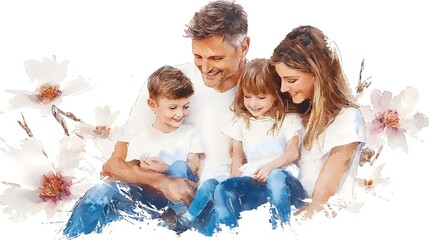 A beautifully detailed watercolor painting depicting a happy father with his young son and daughter showcasing a heartwarming family portrait against a minimalistic white canvas backdrop