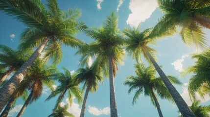 Tall palm trees swaying gently against a bright blue sky, vibrant green leaves, tropical summer vibe, serene and peaceful atmosphere, ultra-realistic, 4K.