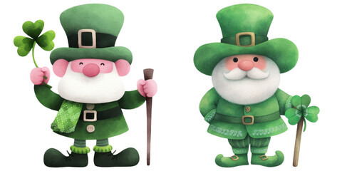 Fototapeta premium Two cheerful leprechauns in green outfits, one holding shamrock and other walking stick
