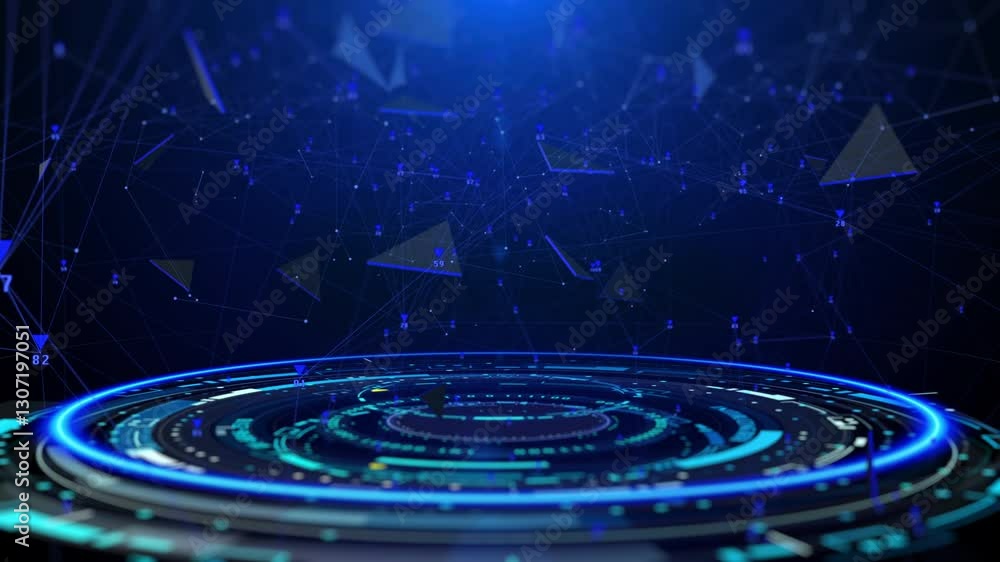Fototapete HUD GUI hologram circle rotating with data flowing connection technology system. Futuristic digital network processing information 4K motion background.