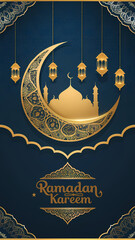 Luxury Ramadan Kareem Greeting Card Design Featuring a Golden Crescent Moon with Intricate Islamic Motifs, Hanging Lanterns, Arabic Calligraphy, and a Mosque Silhouette in a Rich Festive Composition