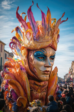 The parade of carnival floats on streets of Viareggio, Italy. Carnival of Viareggio is considered one of the most important carnivals in Italy