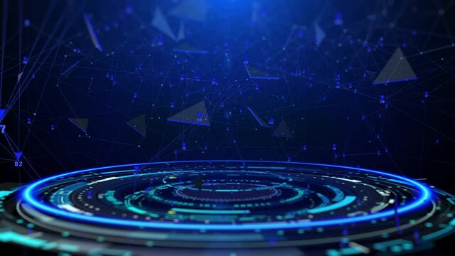 HUD GUI hologram circle rotating with data flowing connection technology system. Futuristic digital network processing information 4K motion background.