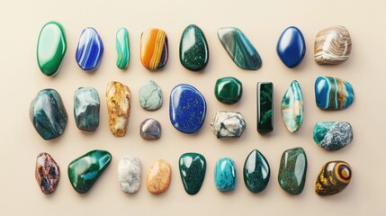 Colorful assortment of polished gemstones and minerals display on beige background