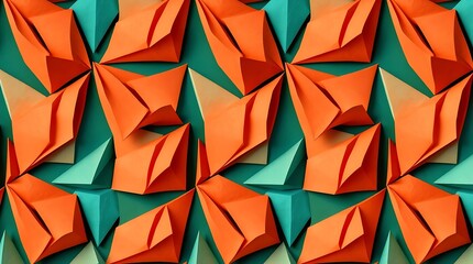 Origami Art: A dynamic composition of vibrant origami figures, a modern geometric abstract design in hues of orange and teal, forming a complex, textured pattern, showcasing a fresh.