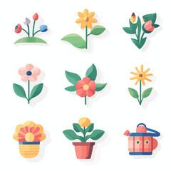 Nine Colorful Flowers, Plants and a Watering Can on White Background