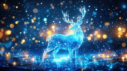 Majestic glowing blue reindeer in wintery night with sparkling lights. Merry Christmas, Nativity, Xmas, Noel, Navidad - Global Winter Holiday, Christian Religious Celebration. Happy New Year