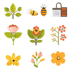 Fototapeta premium Cute floral vector set with bee illustrations in bright spring colors