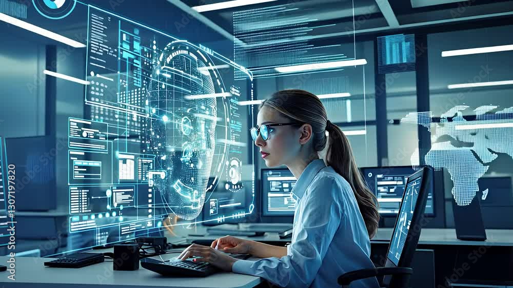 Poster female cybersecurity analyst working on a futuristic computer system with holographic data displays 