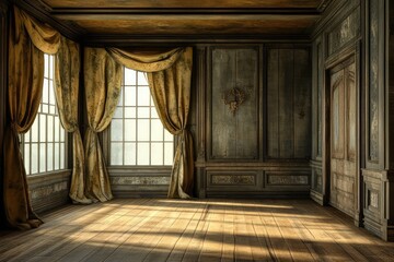 Unfurnished interior with curtains. AI generated illustration.