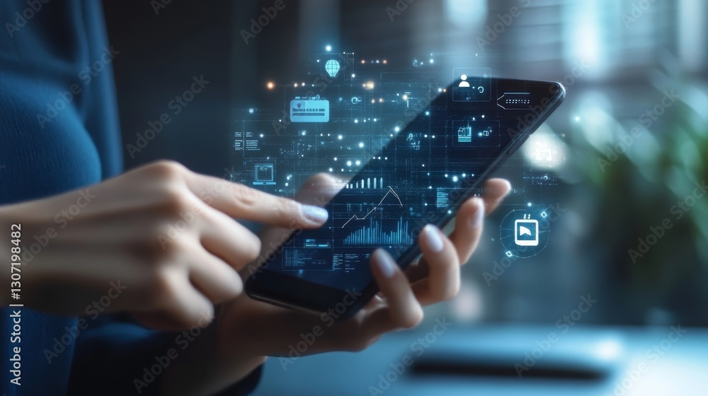 Poster a person holding a smartphone, with an ai-powered floating interface showing analytics, business ico