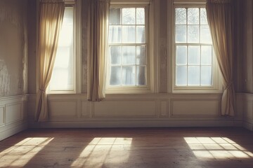 Obraz premium Unfurnished interior with curtains. AI generated illustration.