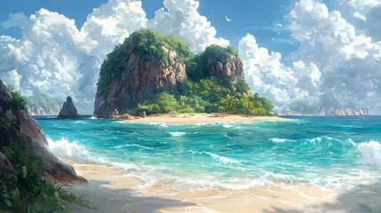 Fototapeta premium Beautiful tropical island surrounded by blue ocean under fluffy white clouds