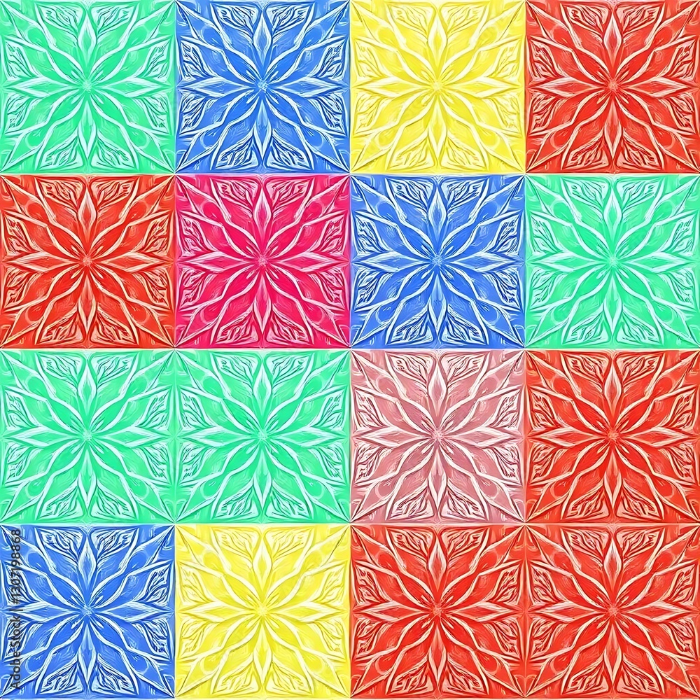 Poster colorful patterned tile: a vibrant, eye-catching pattern of multi-colored tiles, each adorned with a