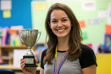 Math teacher holding a trophy in classroom