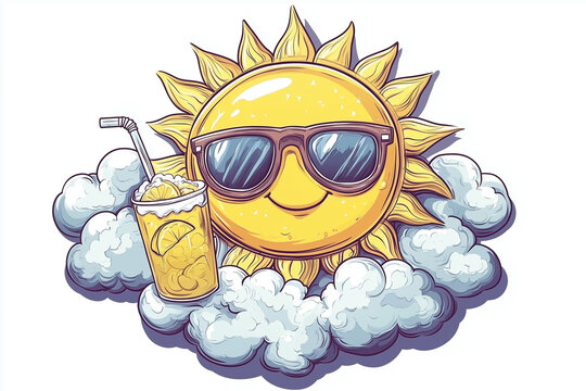recommend clip art: A cartoon sun with sunglasses and lemonade in hand, lounging on clouds