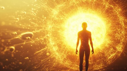 Silhouette of person in front of bright abstract sunlight sphere, cosmic energy concept