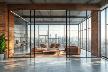 Obraz premium View through glass wall on modern loft office and city view. AI generated illustration.