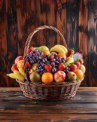 Cesta Abundante de Frutas Frescas: Maçã, Banana, Uva, Morango, Laranja, Pêra, Kiwi, Abacaxi e Pêssego