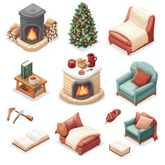 Cozy Isometric Christmas Living Room Scene with Fireplace and Armchairs