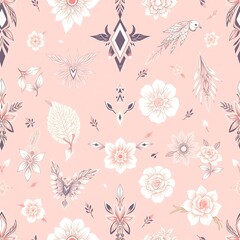 Fototapeta premium Bohemian Floral Pattern: Pastel Pink Seamless Texture with Flowers, Birds and Geometric Designs.