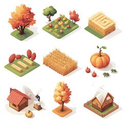 Isometric Fall Harvest Scene with Crops, Trees, and Cozy Farmhouse