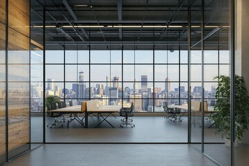 View through glass wall on modern loft office and city view. AI generated illustration.