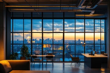 Fototapeta premium View through glass wall on modern loft office and city view. AI generated illustration.
