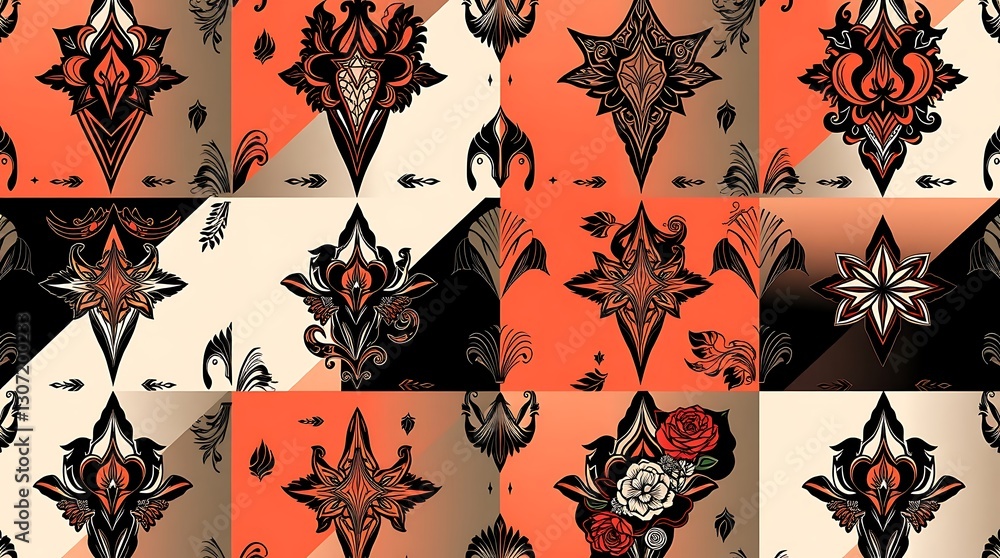 Poster ornate tile pattern: a captivating seamless pattern of decorative tiles in a symmetrical arrangement