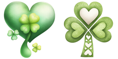 Fototapeta premium Heart shaped and traditional shamrock designs in vibrant green tones
