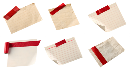 Set of papers, notes, or memos with red ribbon on transparent background. Concept of news and information.