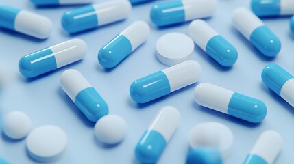 Blue and white capsules and pills on light blue surface