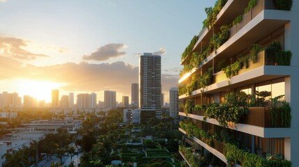 Photorealistic Futuristic Cityscape with Green Buildings and Gardens