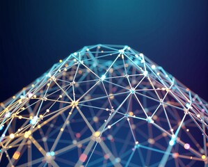 A visually striking, abstract representation of a network featuring interconnected lines and nodes illuminated with various colors.