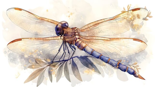 Captivating Dragonfly Perched on a Leaf in Ethereal Watercolor Painting   A whimsical and elegant depiction of a dragonfly resting on a leaf its wings radiating gentle shades of blue purple and gold