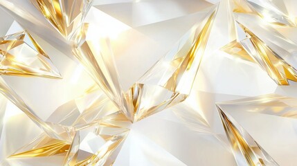 Luxurious abstract 3D render with white and gold polygonal shapes, diamond texture, and a crystal-like surface. Shiny glass reflections, bright lighting, and golden glow create an elegant and futurist