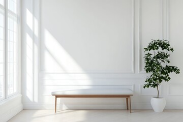 Fototapeta premium White interior with bench, minimalist. AI generated illustration.