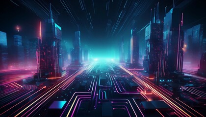 glowing futuristic city with digital blocks and circuits