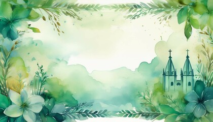 beautiful religious background quote or invitation saying come and worship for church bulletin or sign designs green watercolor floral plants border illustration christian religion graphic art