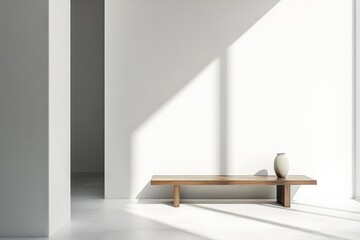 Fototapeta premium White interior with bench, minimalist. AI generated illustration.
