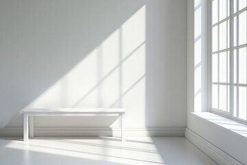 Fototapeta premium White interior with bench, minimalist. AI generated illustration.