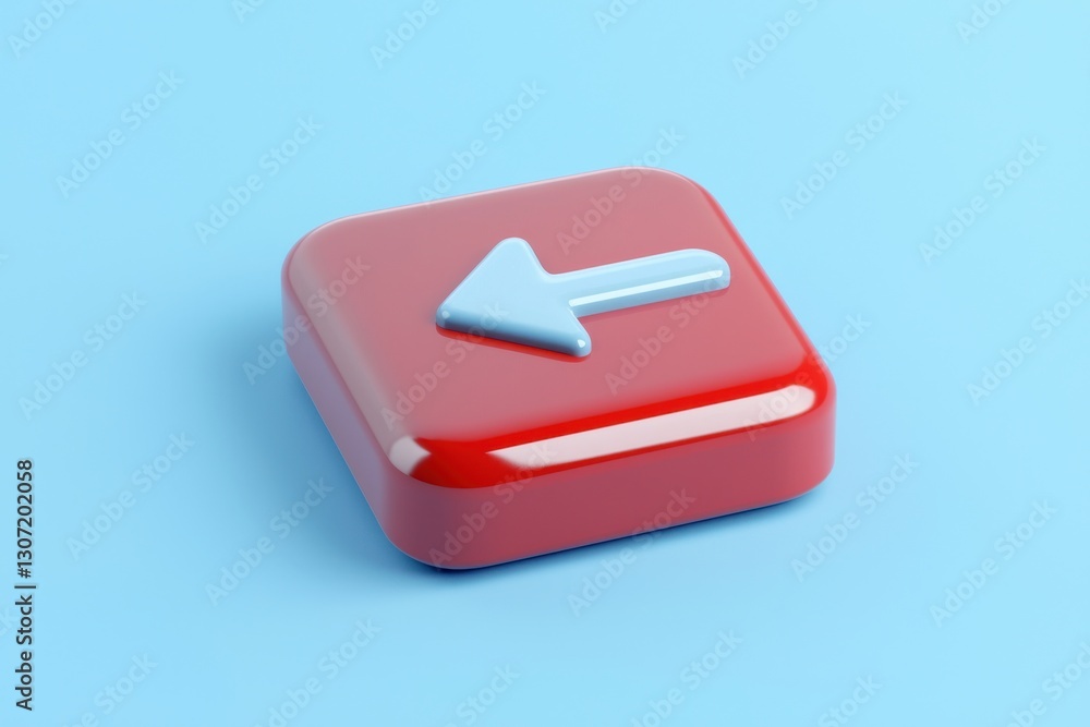 Poster a glossy red button with a left arrow symbol on a light blue background, conveying direction and nav