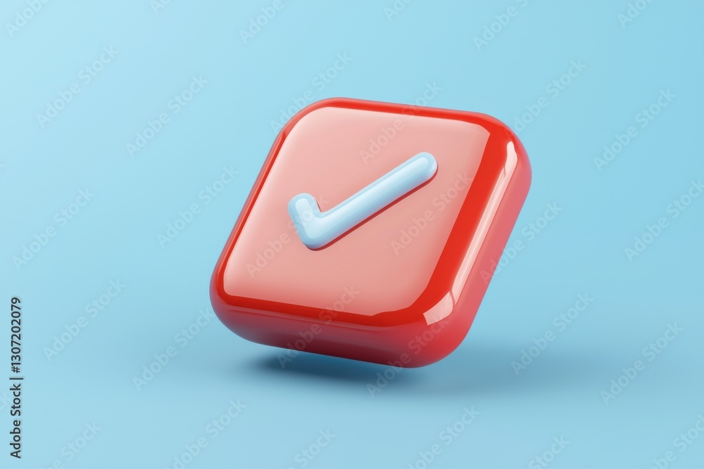Poster a glossy red checkmark button on a light blue background, symbolizing approval or completion.
