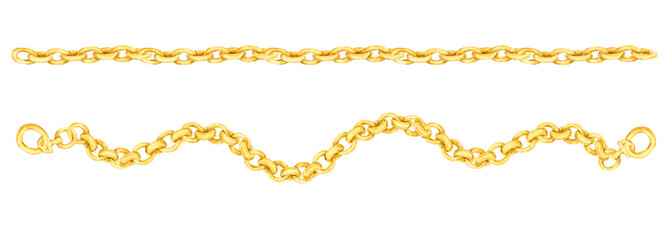 Golden chains watercolor illustration. Isolated fashion element. Vintage style jewelry chain of round rings. Luxury metallic shiny accessory.